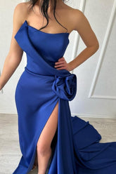 Sexy Simple Long Royal Blue Strapless Satin Prom Evening Dresses With Slit